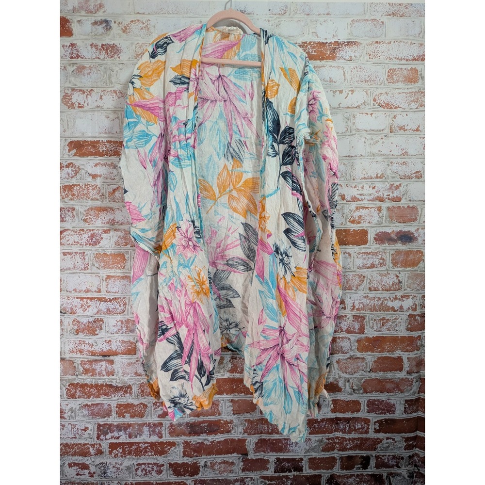 C&C California Kimono Wrap Womens OS Multicolor Floral Linen Beach Coverup